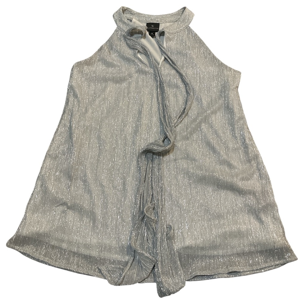 Worthington Silver Shimmer Sleeveless Blouse Tie Neck Size M Elegant Metallic